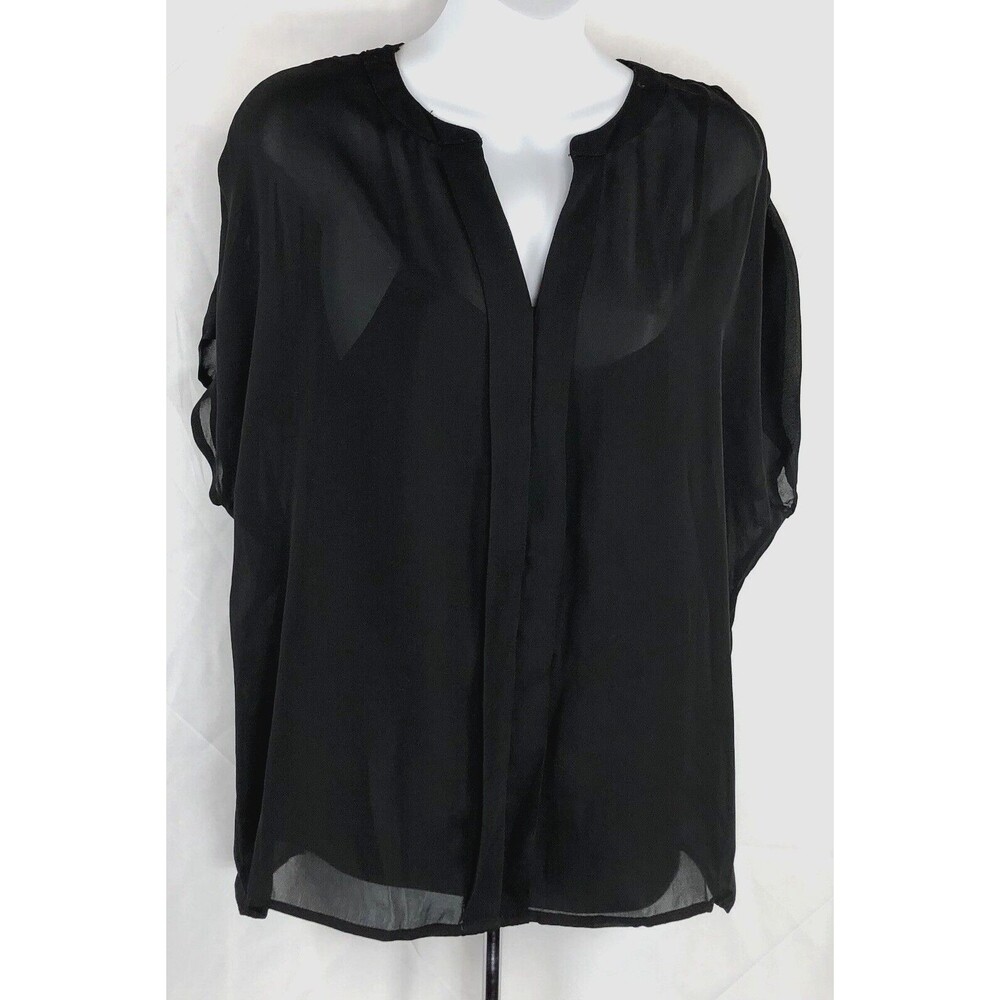 Worthington silky chiffon twin set L black Dolman short sleeve V-neck pleated